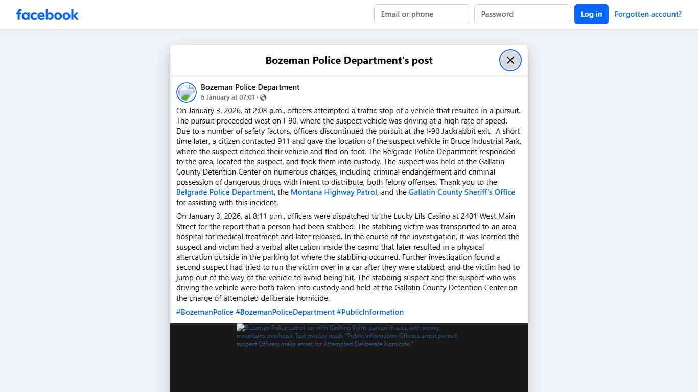 On January 3, 2026, at 2:08... - Bozeman Police Department Facebook